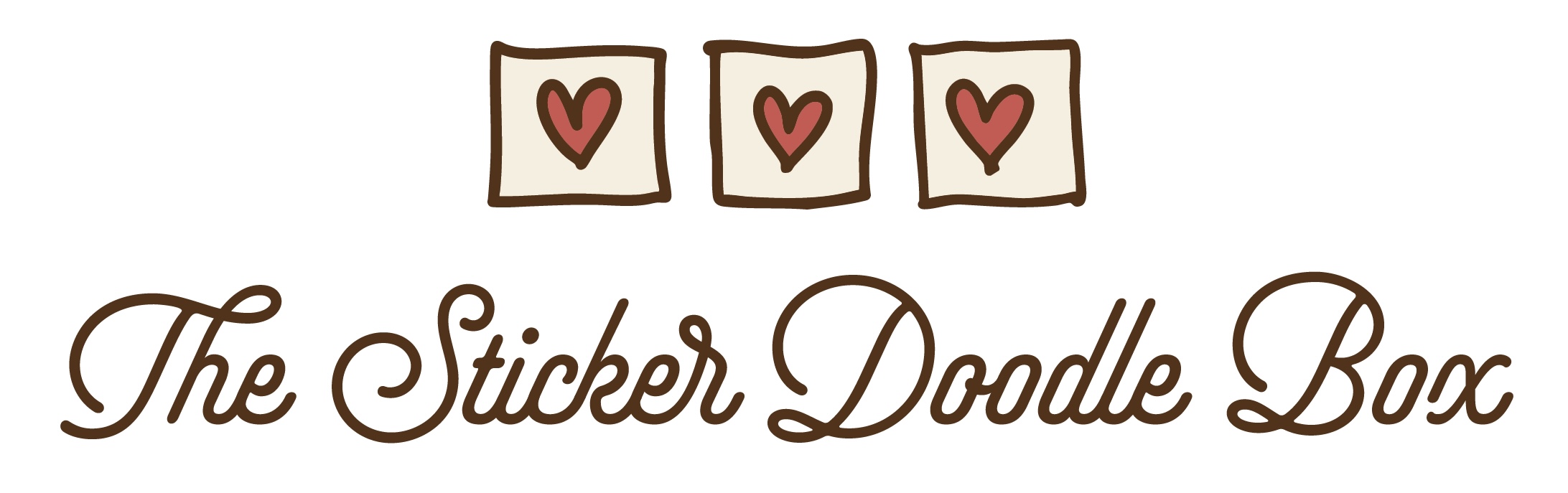 Three line drawings of red hearts inside boxes are above text in a script font that says The Sticker Doodle Box.